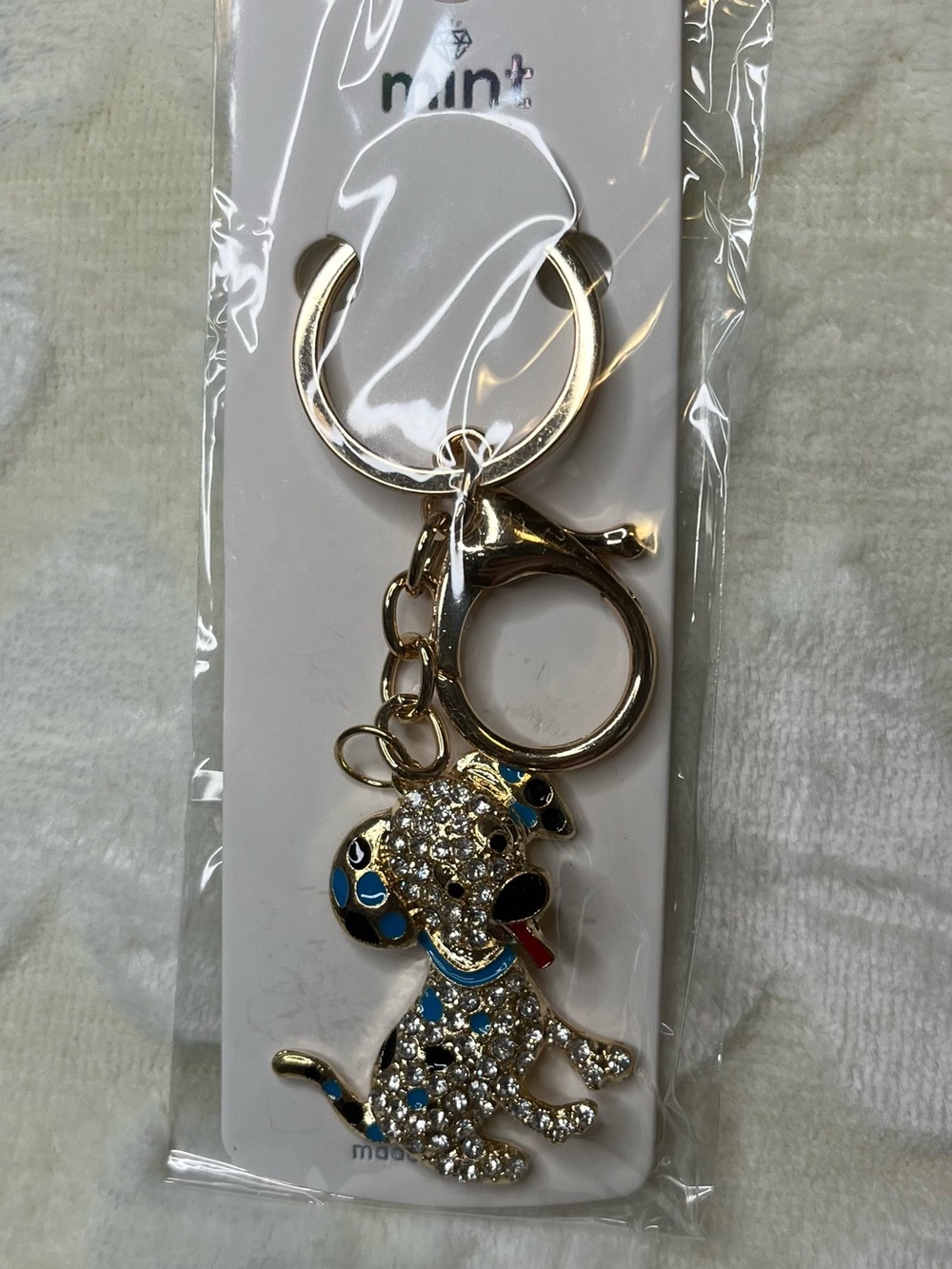 Mint Gold-Tone Blue Crystal Puppy Key & Card Holder Bag Charm